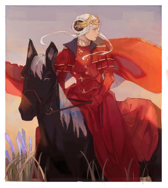 Anime picture 809x904 with fire emblem fire emblem: three houses nintendo edelgard von hresvelg tagme (artist) single tall image short hair sitting payot looking away sky silver hair outdoors horn (horns) border riding girl dress animal