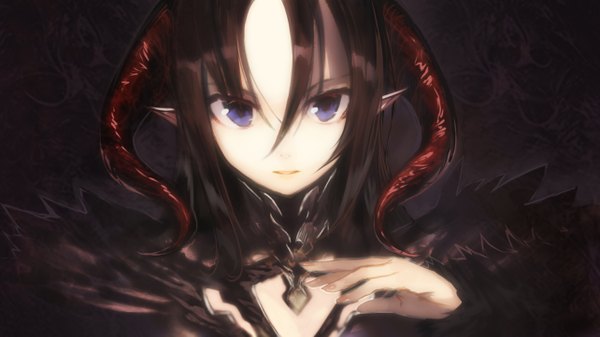 Anime picture 1283x721 with original shirabi single long hair looking at viewer blue eyes black hair wide image upper body horn (horns) pointy ears dark background girl dress black dress