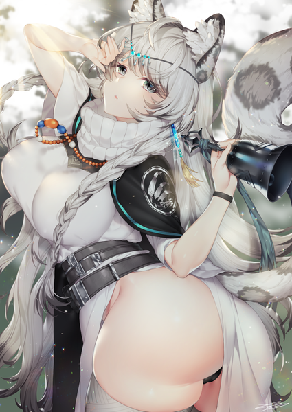 Anime picture 2150x3035 with arknights pramanix (arknights) ia (ias1010) single long hair tall image looking at viewer blush fringe highres breasts open mouth light erotic large breasts holding animal ears ass tail blunt bangs braid (braids)