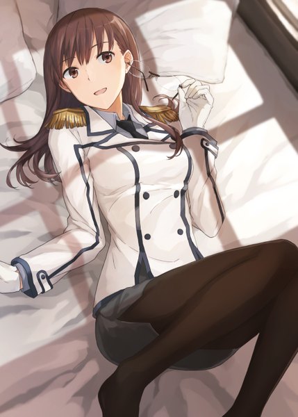 Anime picture 1000x1399 with kantai collection ooi light cruiser sadji single long hair tall image fringe breasts open mouth smile brown hair brown eyes bent knee (knees) indoors lying shadow on back cosplay knees touching eyewear removed