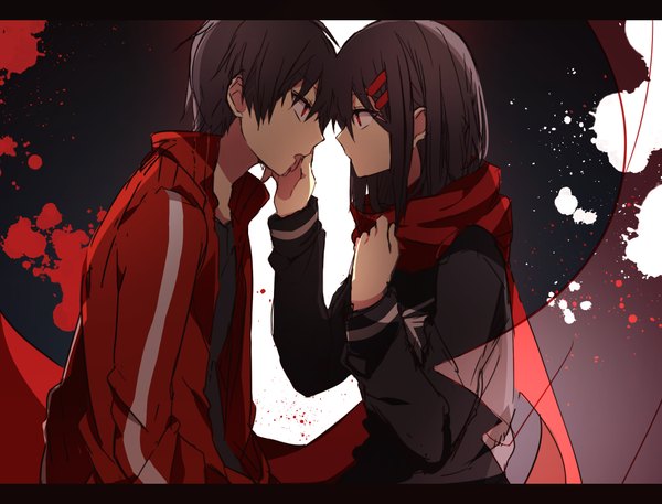 Anime picture 1050x800 with kagerou project shaft (studio) tateyama ayano kisaragi shintarou nanase09rr long hair fringe short hair open mouth red eyes brown hair open clothes open jacket letterboxed face to face eye contact hand on cheek hand on another's face girl boy