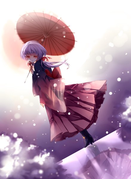 Anime picture 1800x2460 with original blizz single long hair tall image highres red eyes twintails purple hair traditional clothes looking back sunlight high heels reflection girl ribbon (ribbons) hair ribbon boots thigh boots umbrella