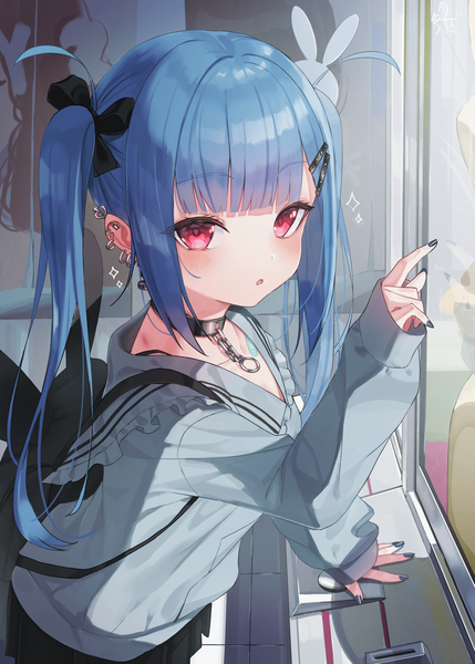 Anime picture 1555x2174 with original tsukiman single long hair tall image looking at viewer blush fringe open mouth red eyes standing twintails signed payot blue hair blunt bangs long sleeves nail polish pleated skirt arm up