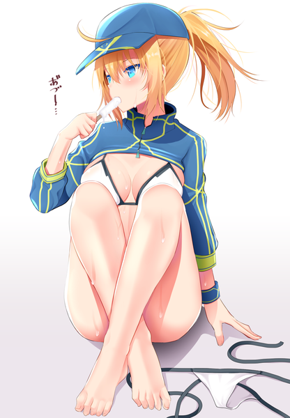 Anime picture 970x1400 with fate (series) fate/grand order artoria pendragon (all) mysterious heroine xx (foreigner) takeyuu single long hair tall image blush fringe breasts blue eyes light erotic simple background blonde hair hair between eyes sitting holding payot looking away