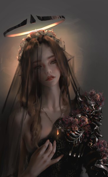 Anime picture 5000x8200 with original wlop single long hair tall image highres simple background brown hair brown eyes looking away absurdres upper body head tilt realistic grey background lipstick glowing red lipstick girl flower (flowers)