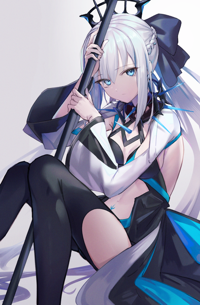 Anime picture 1191x1808 with fate (series) fate/grand order morgan le fay (fate) kyaroru single long hair tall image looking at viewer fringe breasts blue eyes simple background hair between eyes sitting holding payot cleavage silver hair bent knee (knees) ponytail