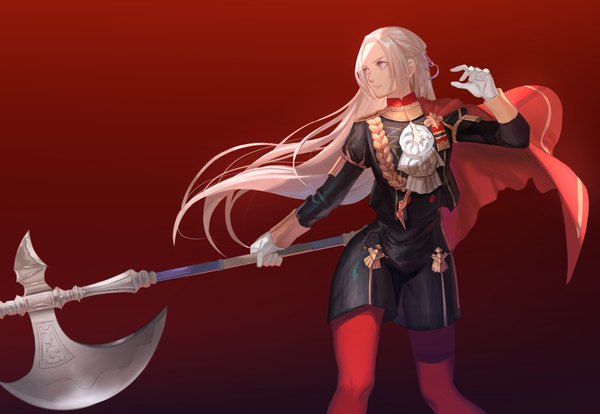 Anime picture 1200x828 with fire emblem fire emblem: three houses nintendo edelgard von hresvelg aizumi240326 single long hair simple background standing purple eyes holding looking away silver hair long sleeves arm up gradient background red background girl gloves uniform