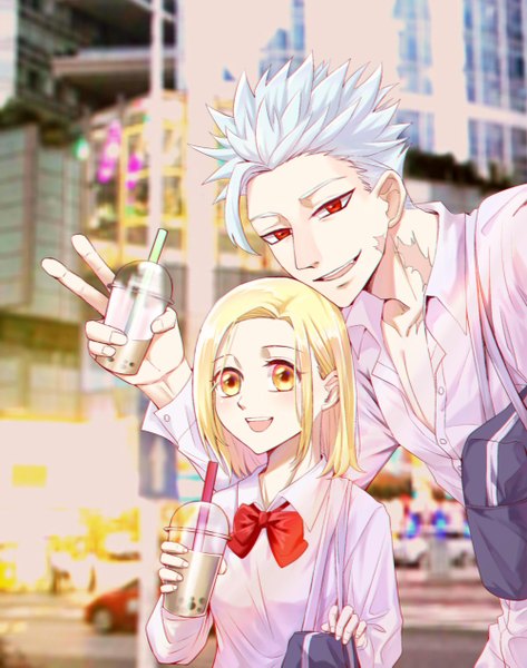 Anime picture 1000x1269 with nanatsu no taizai a-1 pictures ban (nanatsu no taizai) elaine (nanatsu no taizai) dmooo tall image looking at viewer blush short hair open mouth blonde hair smile red eyes standing holding yellow eyes silver hair upper body outdoors :d