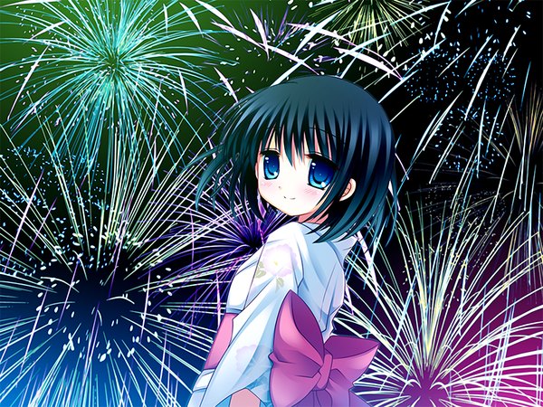 Anime picture 1024x768 with natsu yuki - summer snow sawatari natsuki short hair blue eyes black hair game cg japanese clothes loli fireworks girl kimono