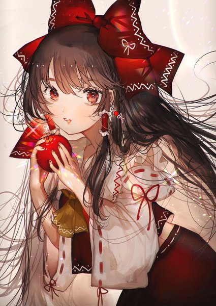 Anime picture 850x1200 with touhou hakurei reimu majamari single long hair tall image looking at viewer fringe open mouth black hair hair between eyes red eyes holding nail polish leaning leaning forward girl bow hair bow detached sleeves