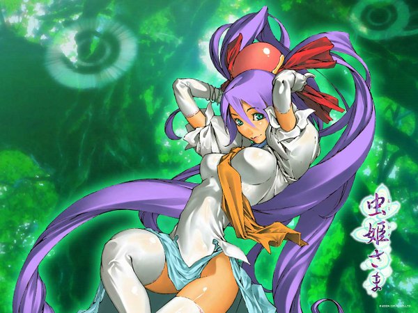 Anime picture 1280x960 with mushihime-sama reco tomoyuki kotani single looking at viewer fringe light erotic hair between eyes twintails green eyes purple hair very long hair official art wallpaper copyright name side slit girl thighhighs gloves white thighhighs