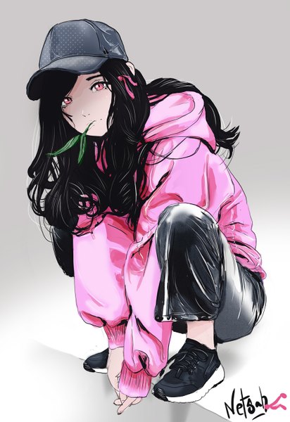 Anime picture 933x1356 with kimetsu no yaiba ufotable kamado nezuko netsah single long hair tall image looking at viewer black hair simple background holding signed full body pink eyes grey background alternate costume mouth hold sleeves past wrists squat casual