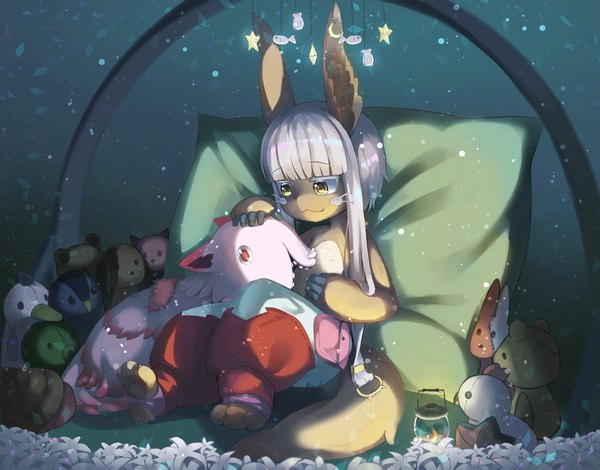 Anime picture 4048x3174 with made in abyss kinema citrus nanachi (made in abyss) mitty (made in abyss) kimyo single long hair fringe highres animal ears yellow eyes payot looking away absurdres full body white hair tail blunt bangs bunny ears girl