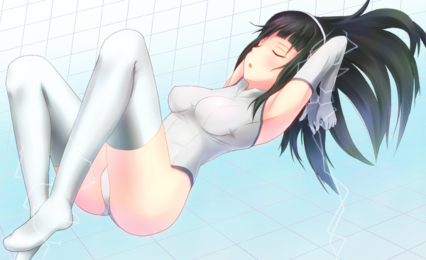 Anime picture 1072x656 with original b.ren single long hair breasts light erotic black hair wide image eyes closed girl thighhighs gloves white thighhighs elbow gloves bodysuit