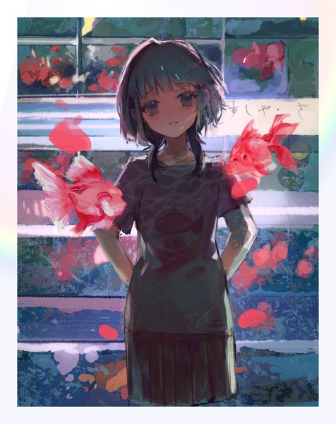 Anime picture 2923x3686 with original ty-papapa single tall image looking at viewer fringe highres short hair blue eyes standing blue hair head tilt mole mole under eye border hands behind back clenched teeth animal print fish print girl