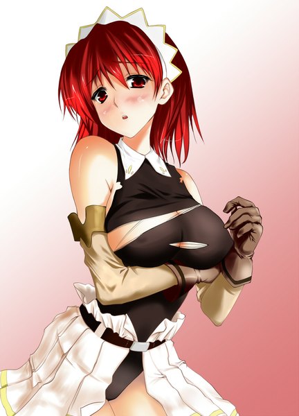 Anime picture 800x1111 with seiken no blacksmith cecily cambell mu10sou15 single tall image looking at viewer blush fringe short hair breasts light erotic red eyes large breasts bare shoulders red hair head tilt embarrassed gradient background torn clothes hand on chest