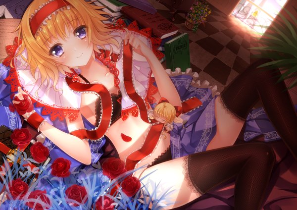 Anime picture 1579x1116 with touhou alice margatroid swordsouls blush short hair blue eyes light erotic blonde hair checkered floor girl thighhighs navel underwear panties flower (flowers) ribbon (ribbons) black thighhighs hairband rose (roses) book (books)