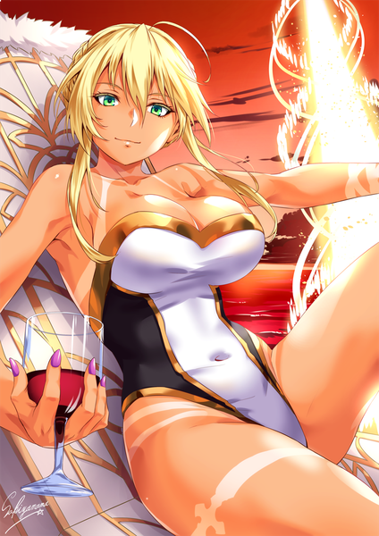 Anime picture 800x1131 with fate (series) fate/grand order artoria pendragon (all) artoria pendragon (lancer) sakiyamama single tall image looking at viewer fringe short hair breasts light erotic blonde hair smile hair between eyes large breasts bare shoulders holding green eyes signed
