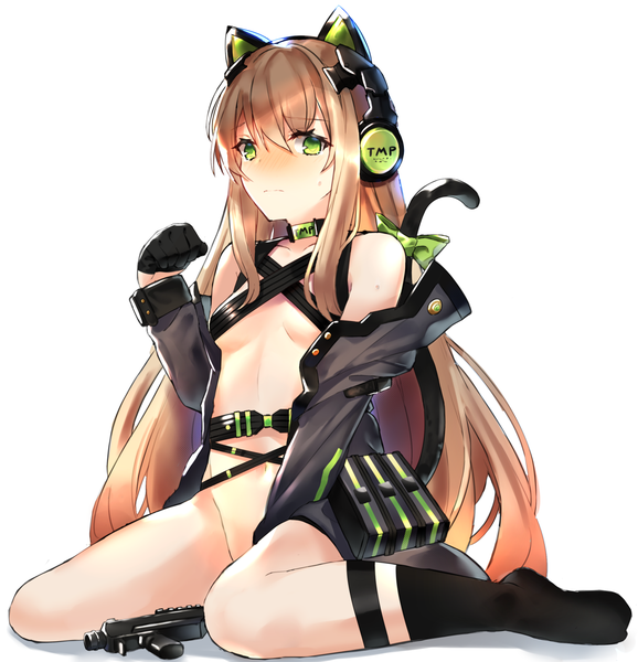 Anime picture 1490x1547 with girls frontline tmp (girls frontline) chamnaitu single long hair tall image looking at viewer blush fringe breasts light erotic blonde hair simple background hair between eyes white background sitting green eyes animal ears full body tail