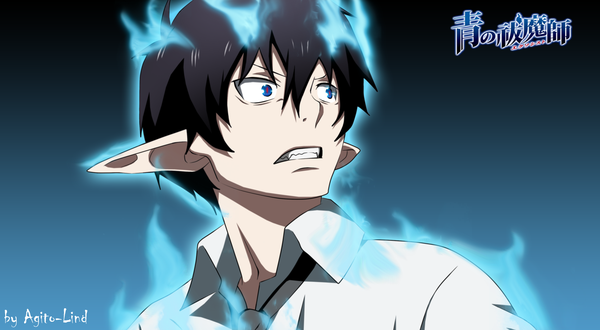 Anime picture 3000x1650 with ao no exorcist a-1 pictures okumura rin aagito single highres short hair blue eyes black hair wide image pointy ears inscription grin coloring magic portrait dark background face boy shirt