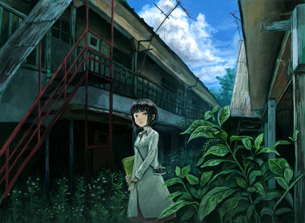 Anime picture 1744x1278 with meme (pixiv287090) single highres short hair black hair sky cloud (clouds) black eyes girl plant (plants) building (buildings) clock pocket watch camera