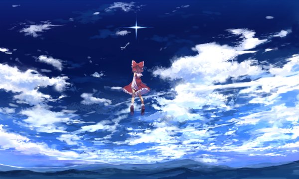 Anime picture 2500x1500 with touhou hakurei reimu ume (plumblossom) single highres short hair brown hair wide image sky cloud (clouds) miko scenic girl bow hair bow detached sleeves
