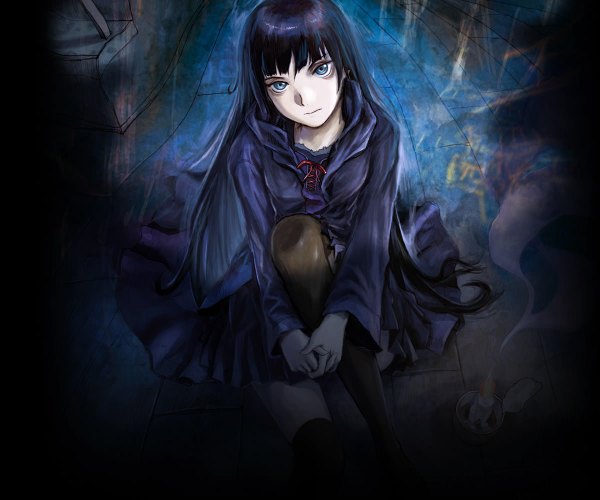 Anime picture 1200x1000 with phenomeno mitsurugi yoishi abe yoshitoshi single long hair looking at viewer fringe blue eyes black hair sitting game cg bent knee (knees) long sleeves official art smoke white skin girl dress socks knee socks