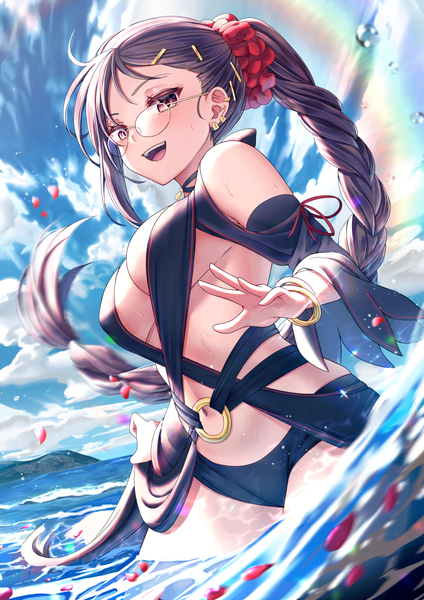 Anime picture 848x1200 with fate (series) fate/grand order yu mei-ren (fate) saruei single long hair tall image looking at viewer blush fringe breasts open mouth light erotic smile red eyes brown hair large breasts standing payot sky