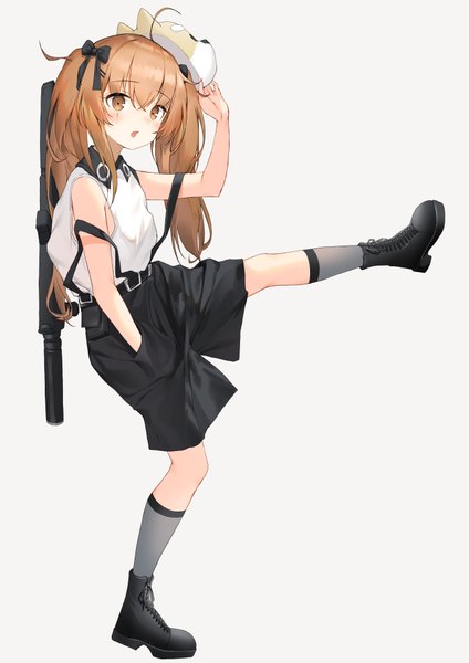 Anime picture 1414x2000 with girls frontline ump9 (girls frontline) lee seok ho single long hair tall image looking at viewer blush fringe open mouth simple background hair between eyes brown hair standing white background twintails brown eyes ahoge alternate costume sleeveless