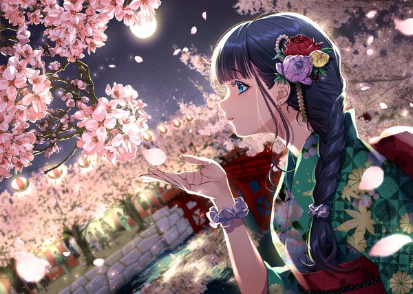 Anime picture 4175x2976 with original suzuka oda long hair fringe highres blue eyes black hair payot looking away absurdres upper body outdoors blunt bangs braid (braids) traditional clothes japanese clothes profile arm up hair flower fingernails