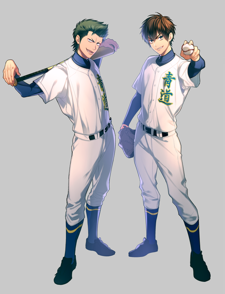 Anime picture 689x898 with daiya no ace production i.g sawamura eijun kuramochi youichi mocchiri oyaji tall image fringe short hair simple background smile brown hair standing holding brown eyes head tilt green hair lips multiple boys shadow outstretched arm