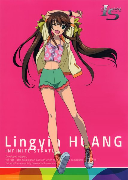 Anime picture 2790x3919 with infinite stratos 8bit fang linyin long hair tall image blush highres open mouth blue eyes brown hair twintails one eye closed wink scan official art pink background girl shoes shorts bracelet