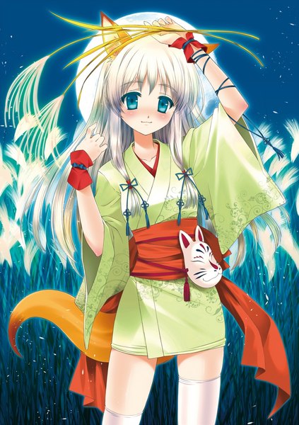 Anime picture 810x1150 with original touto seiro single long hair tall image looking at viewer blush blue eyes animal ears white hair tail traditional clothes japanese clothes animal tail fox ears fox tail fox girl girl thighhighs white thighhighs