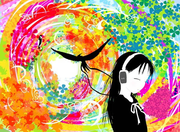 Anime picture 1075x785 with original moyacy (pixiv) long hair black hair eyes closed girl flower (flowers) bow ribbon (ribbons) animal headphones bird (birds)