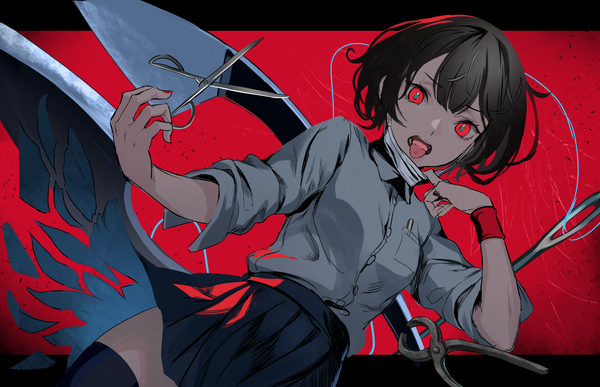 Anime picture 5641x3643 with original asagon007 single looking at viewer highres short hair black hair simple background red eyes absurdres piercing letterboxed red background mask pull tongue piercing girl thighhighs black thighhighs tongue wristlet