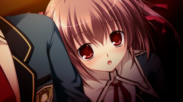 Anime picture 1280x720 with root double toba mashiro short hair red eyes brown hair wide image twintails game cg short twintails girl uniform ribbon (ribbons) hair ribbon school uniform