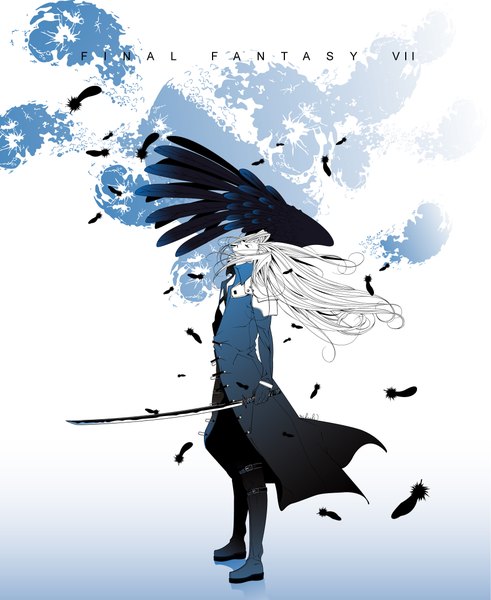Anime picture 1819x2223 with final fantasy final fantasy vii square enix sephiroth mihoshi (artist) single long hair tall image highres white hair eyes closed boy gloves sword wings katana feather (feathers) cloak