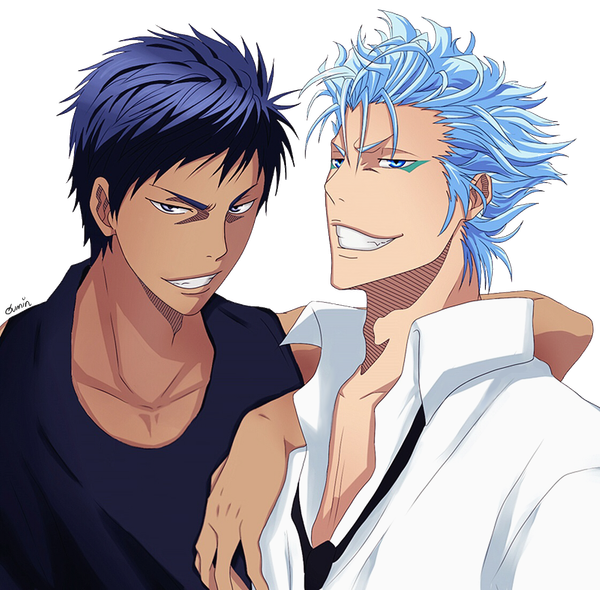 Anime picture 1120x1102 with bleach kuroko no basket studio pierrot production i.g aomine daiki grimmjow jeagerjaques qumin short hair blue eyes smile signed blue hair multiple boys teeth dark skin facial mark transparent background partially open clothes crossover hand on another's shoulder