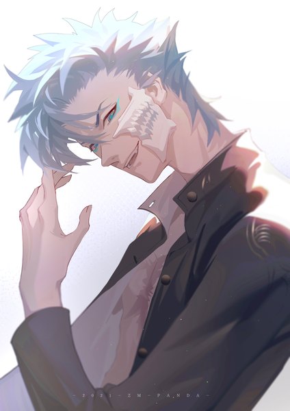 Anime picture 2480x3508 with bleach studio pierrot grimmjow jeagerjaques zm-panda- single tall image looking at viewer fringe highres short hair open mouth blue eyes simple background hair between eyes signed blue hair upper body long sleeves fang (fangs) gradient background