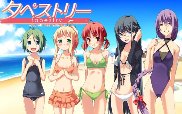 Anime picture 1920x1200 with tapestry -you will meet yourself- kayano mina hatori uta (tapestry) shiomi hikari mariyatsu harumi sakurai saki g yuusuke looking at viewer blush highres short hair blue eyes light erotic black hair smile red eyes wide image twintails purple eyes multiple girls