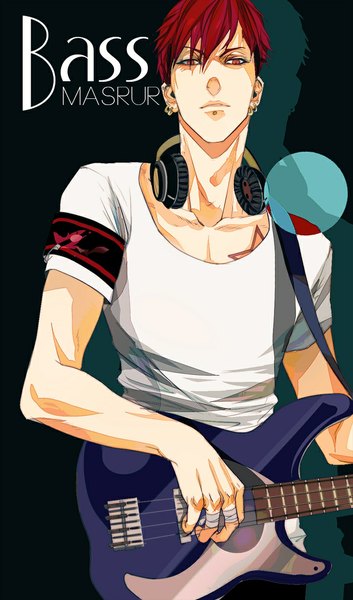 Anime picture 700x1189 with magi the labyrinth of magic a-1 pictures masrur cp .ieng single tall image short hair red eyes red hair tattoo alternate costume dark background casual music boy earrings headphones star (symbol) t-shirt guitar