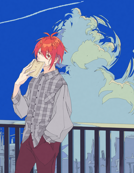 Anime picture 2200x2831 with idolish 7 nanase riku akiya siruhu single tall image looking at viewer fringe highres short hair hair between eyes red eyes standing holding sky cloud (clouds) ahoge red hair covered mouth hand in pocket plaid