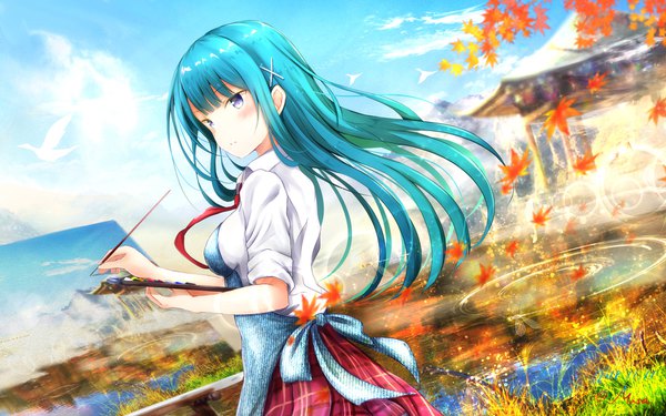 Anime picture 1920x1200 with girlfriend (kari) chiyoura ayame masa (mirage77) single long hair blush fringe highres breasts blue eyes signed looking away sky cloud (clouds) outdoors blunt bangs wind aqua hair dutch angle lens flare