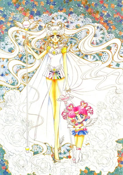 Anime picture 1519x2165 with bishoujo senshi sailor moon toei animation sailor cosmos sailor chibi chibi long hair tall image short hair blue eyes blonde hair smile twintails pink hair white hair girl gloves flower (flowers) earrings wings heart cloak