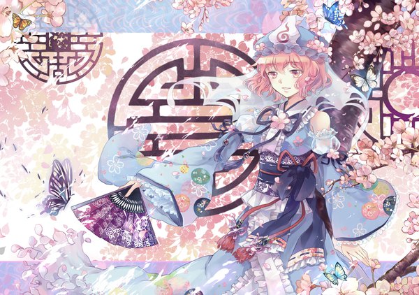 Anime picture 2656x1870 with touhou saigyouji yuyuko ekita xuan single looking at viewer highres short hair smile pink hair long sleeves traditional clothes parted lips japanese clothes pink eyes wide sleeves puffy sleeves cherry blossoms outstretched arm floral print floral background