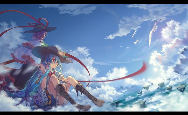 Anime picture 1488x917 with touhou hinanawi tenshi nagae iku yayin (yayin233) long hair short hair red eyes wide image sitting multiple girls blue hair looking away sky purple hair cloud (clouds) floating island girl dress skirt 2 girls