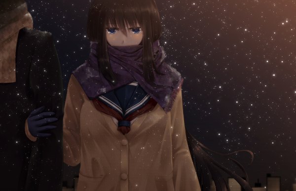Anime picture 1200x775 with original karube karu long hair blue eyes black hair snowing winter girl serafuku jacket scarf winter clothes