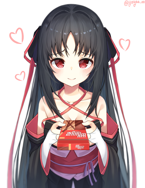 Anime picture 2118x2748 with machine-doll wa kizutsukanai yaya (machine-doll) yaya (yayaa 00) single long hair tall image looking at viewer blush fringe highres breasts black hair simple background smile red eyes white background bare shoulders holding signed cleavage