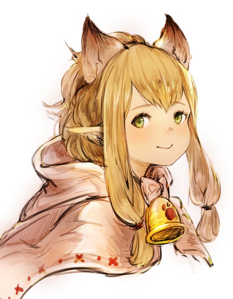 Anime picture 2034x2611 with monster hunter monster hunter x meowstress ikoan single long hair tall image looking at viewer fringe highres simple background blonde hair smile white background green eyes animal ears upper body pointy ears cat ears portrait