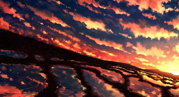 Anime picture 1300x703 with original aya (star) wide image cloud (clouds) sunlight evening reflection sunset mountain no people sunbeam water sun